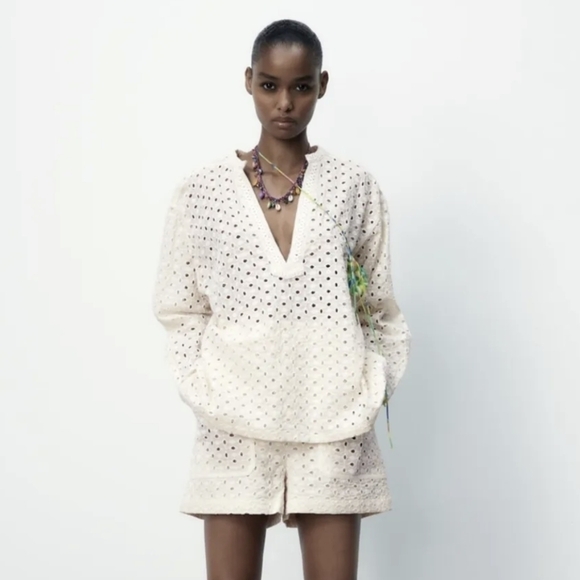 Zara cream beige shorts with cutwork embroidery size Medium Bohemian Cottagecore - Picture 14 of 16
